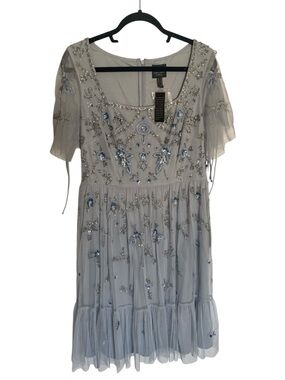 Adrianna Papell Pale Blue (Glacier) Beaded Flounce Midi Dress Size 12 NWT
